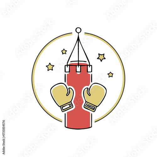 Illustration of a red punching bag with yellow boxing gloves and stars in a circular frame, representing boxing or combat sports training.