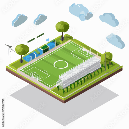 Isometric view of a modern eco-friendly football stadium with sustainable features like a wind turbine and solar panels.