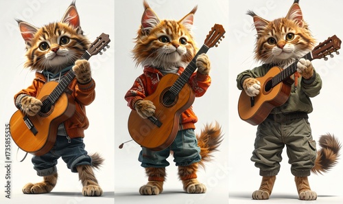 A cat playing guitar and background gesture scene illustration style creative figure movement motion layers emotion design cartoonish elements backgrounds frame depth expression composition
