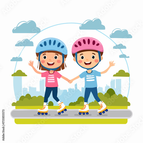 Two children roller skating together in a park with city background.