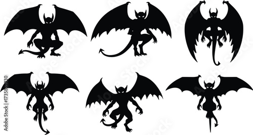 Dark demon silhouettes with wings, horns, tails, and claws, perfect for Halloween, gothic horror, fantasy artwork, mythology, and spooky designs.