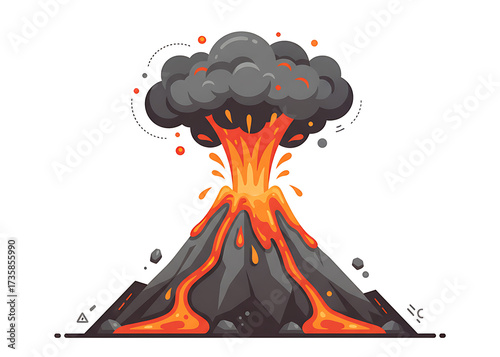 Volcano Eruption Flat vector volcano erupting with lava and smoke, geology science concept