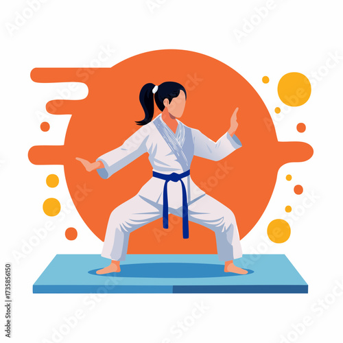 Illustration of a woman in a white gi with a blue belt performing a martial arts stance on a blue mat with an orange background.