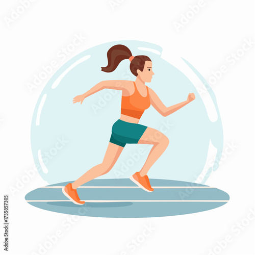 An athletic young woman in sportswear running on a track, depicted in a flat vector illustration style.