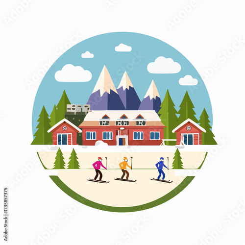 Flat design illustration of a winter ski resort with a large lodge, cabins, snowy mountains, pine trees, and three skiers enjoying the snow.