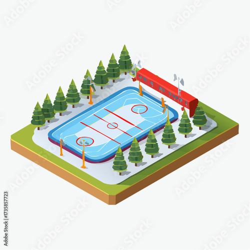 Isometric illustration of an outdoor ice hockey rink surrounded by trees and a small building.