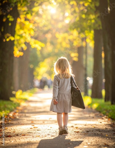 Blonde child walking alone on a sunlit tree-lined path in autumn ia