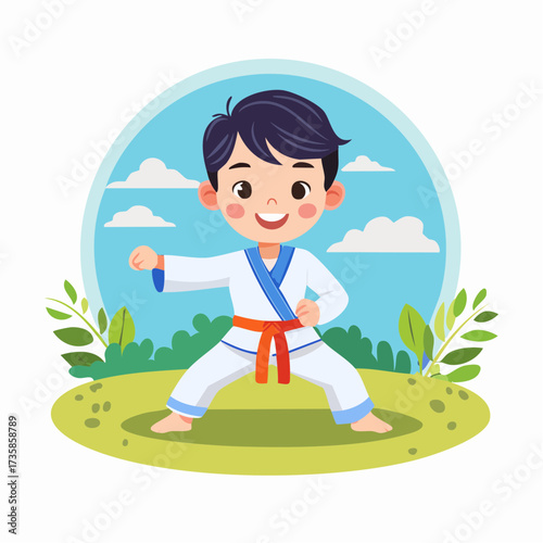 A cute cartoon boy in a white uniform with an orange belt practicing martial arts outdoors.