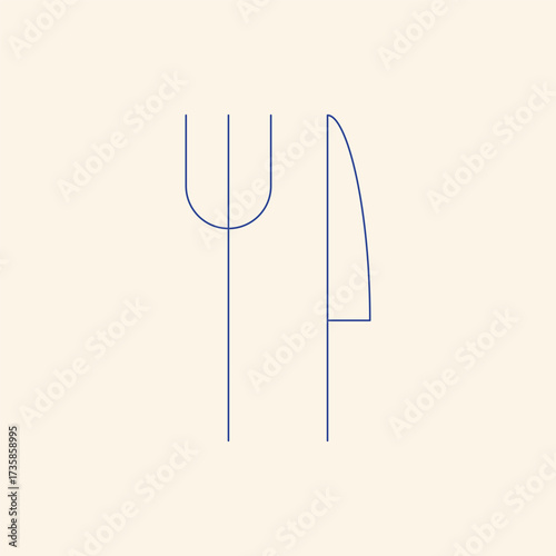 Minimalist modern dining concept with elegant fork and knife in soft blue, perfect for restaurant branding or food blog design, simple and stylish style