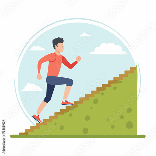 A cartoon illustration of a man in sportswear running up a green hill with stairs under a blue sky, symbolizing progress and effort.