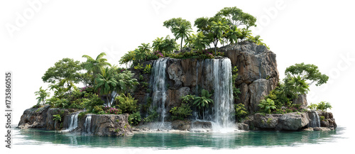 Tropical island with palm trees and cascading waterfalls, isolated on transparent cutout background
