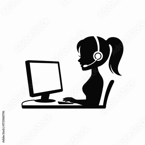 Silhouette Vector of Woman Using Computer with Headset – Office Desk Scene Depicting Call Center Staff, Telemarketer, Customer Care, Online Communication, and Remote Professional Work Concept Illustra