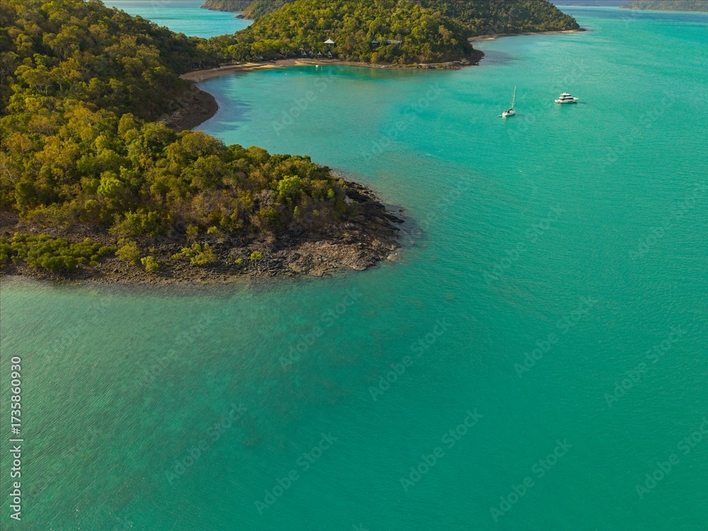 Obraz premium Aerial Drone View of Tropical Queensland Beach, Ocean Waves, Island Coastline and Shoreline - Scenic Coastal Landscape, Clear Blue Water, Australia Nature, Travel, Tourism, QLD