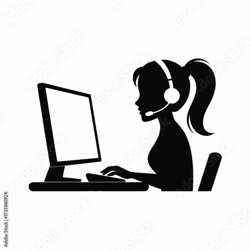 Female Worker Silhouette with Headset at Computer Desk – Vector Illustration Representing Call Center, Virtual Assistance, Online Support, Teleworking, Customer Care, and Digital Communication in Mode