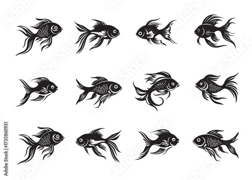 Collection of elegant goldfish silhouettes with flowing fins, ideal for logos, tattoos, and aquatic designs.