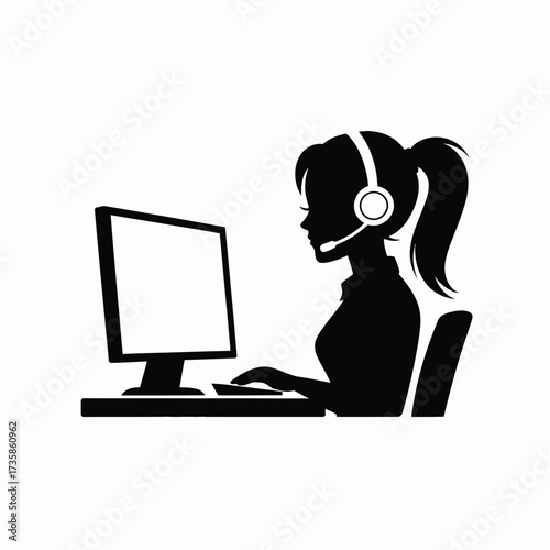 Silhouette of Female Call Center Agent Wearing Headset – Woman at Desk Using Computer for Customer Service, Online Assistance, Telecommunication, Help Desk, and Remote Work Design