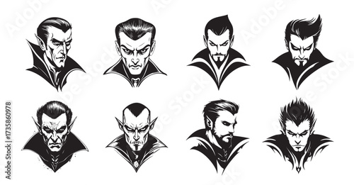 Set of dramatic vampire portraits in a stylized black and white sketch art, featuring classic and modern styles.