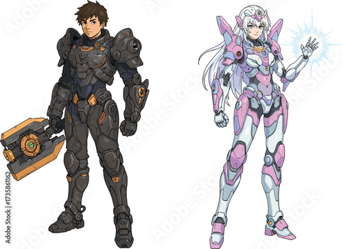 Futuristic armored characters in exoskeleton suits, sci‑fi battle scene, glowing energy powers, mecha warriors, anime style, fantasy action illustration