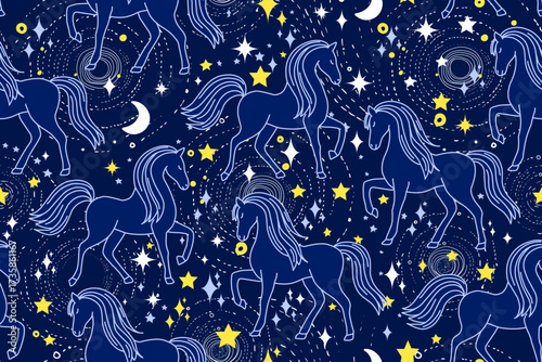 Seamless vector pattern featuring cosmic horses in blue and silver tones against a starry night sky. Sparkling stars, glowing lights, and surreal fireworks create a festive atmosphere, 
