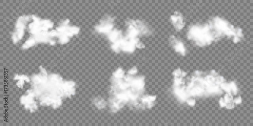 Set of realistic clouds of different shapes and densities on a transparent background.