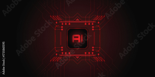 AI Core: A bold, red, graphic depiction of an AI core, a central processor with the letters AI at its heart, represents the essence of advanced technology.