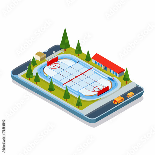 Isometric vector illustration of an outdoor ice hockey rink with surrounding landscape, trees, buildings, and a road with cars.