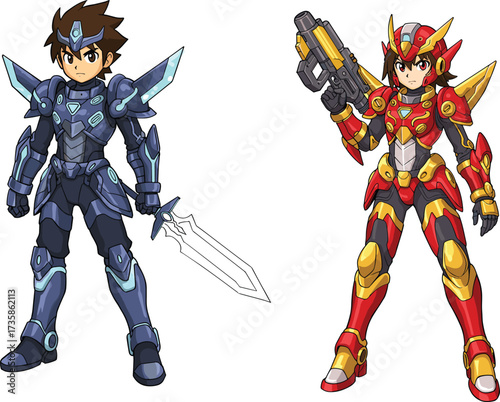 Futuristic armored characters with glowing sword and sci‑fi gun, anime style mecha warriors, fantasy battle scene, colorful action illustration