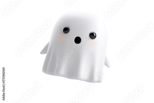 A cute 3D rendered white ghost with a surprised expression and pink cheeks, floating cheerfully on a vibrant transparent background. background removed