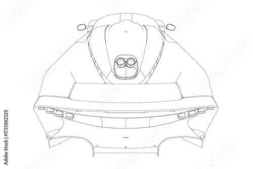 A detailed black and white line drawing of a sport car hood blueprint, showcasing its precise contour and mechanical components on a clean white background.