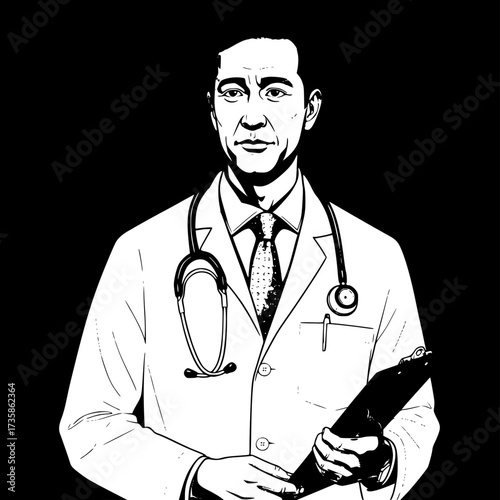 Flat style doctor character with stethoscope, perfect for healthcare and medical design projects.