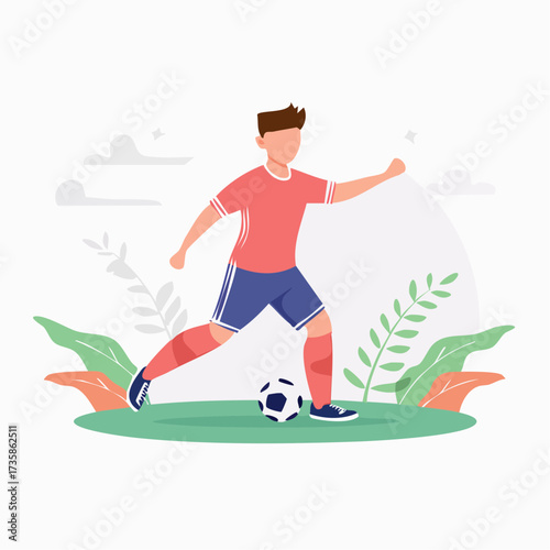 A young man in athletic attire is actively playing soccer, kicking a ball on a grassy field surrounded by decorative plants.