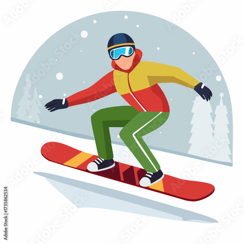 An illustration of a person snowboarding down a snowy mountain slope, wearing a colorful winter jacket, helmet, and goggles, with trees and falling snow in the background.
