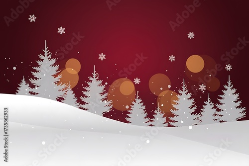Elegant Christmas Scene with White Trees, Snow, and Bokeh Lights on a Red Background, Perfect for Festive Holiday Greetings