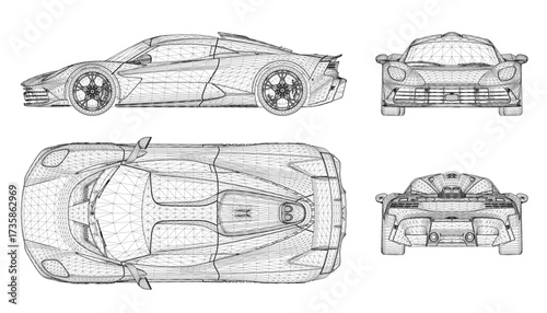 Sport car set blueprint on white background features a sleek aerodynamic design with intricate wireframe details. The low profile body includes visible headlights, grille and wheels in this technical.