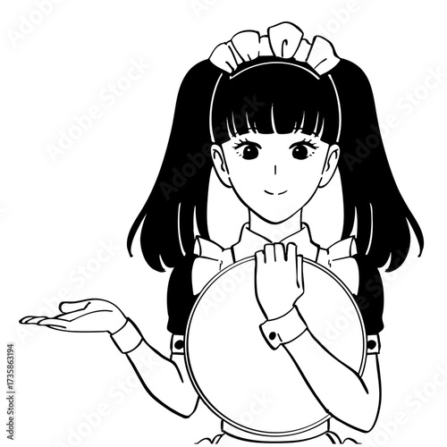 メイドカフェへ案内する女の子の白黒イラスト