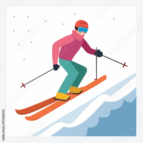 A person in winter gear skiing down a snowy mountain slope, enjoying a winter sport.