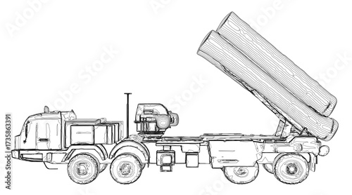 Black and white contour drawing of a military missile launcher truck on a clean white background. The illustration features clean lines and a minimalist style.