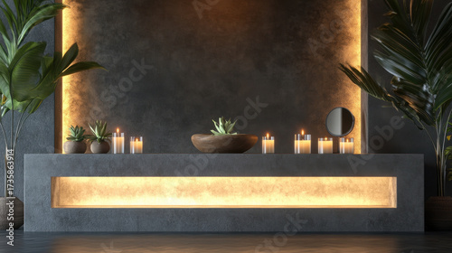 Spa reception counter mockup with scented candles entrance health wellness relaxation welcoming interior lobby lounge greeting elegance design luxury minimalist modern natural