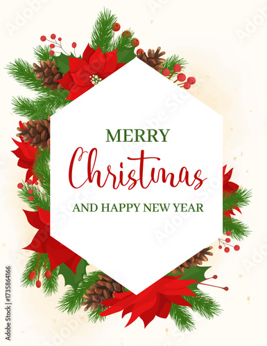 Merry Christmas card frame with red holly flowers cone fir tree branches Happy Holidays