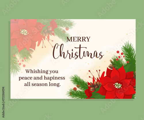 Merry Christmas greeting wish card with vibrant red holly flowers and fir tree branches