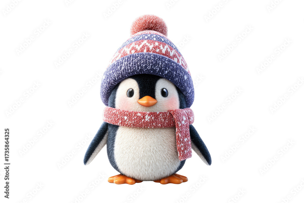 Fototapeta premium Cute 3D rendered penguin, wearing a blue, red, white winter hat with pom-pom and a warm festive red scarf. Perfect for holidays. background removed