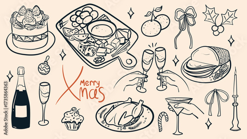 Vintage Merry Christmas elements collection. Christmas dinner table with food and champagne. Doodle ink sketch minimalist style. Hand drawn retro style vector illustration.