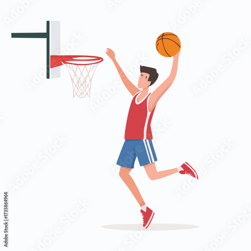 Dynamic illustration of a young male basketball player jumping to slam dunk the ball.