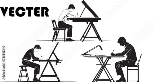 Set of vector silhouettes of an architect, artist, or designer working at a drafting table.