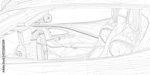 Sport car wireframe drawing reveals intricate interior details with sleek modern design. The black and white illustration highlights advanced automotive engineering.