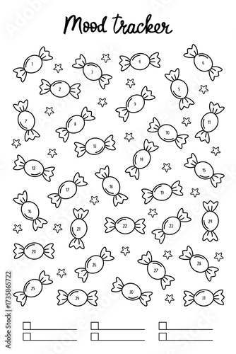 Mood tracker with scattered 31 numbered candies. Printable worksheet for daily emotional monitoring. Perfect for bullet journals, planners, diaries, coloring books and organizational materials. Vector