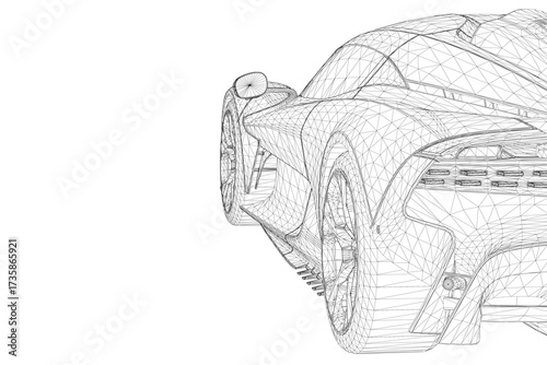 Sport car wireframe in black and white on a clean background. The design features intricate lines and geometric shapes for a detailed technical illustration.