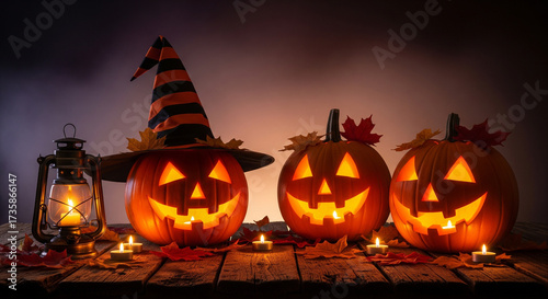 Halloween Pumpkins Jack-o'-Lanterns, Witch Hat, Spooky Decoration