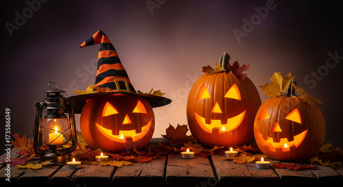 Halloween Pumpkins, Jack-o'-lanterns, Witch Hat, Autumn Scene