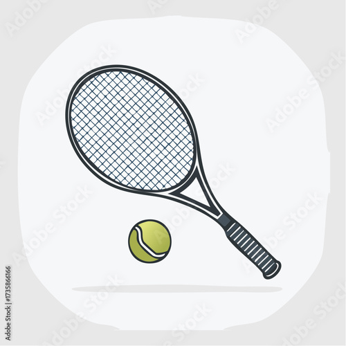 A stylized illustration of a tennis racket and ball, set against a light gray background within a white circular border.